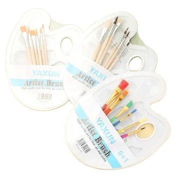 Factory Price 6 Pcs Nylon Hair Pig Bristle Paint Brushes with 10-Well White Plastic Palette Inexpensive Paint Brushes