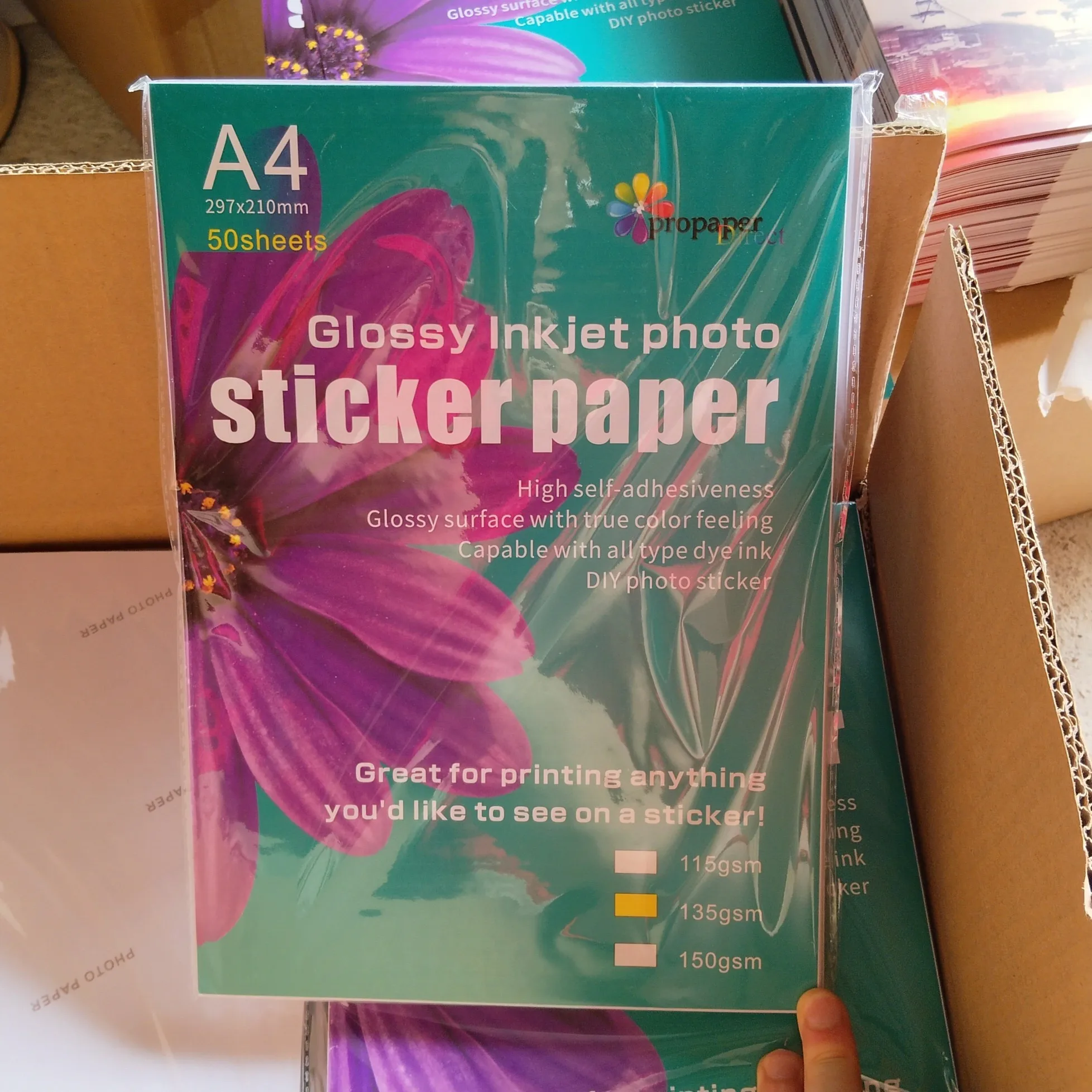 CHINA factory wholesale 135g  50sheets waterproof self-adhesive glossy sticker paper size A4 photo paper for inkjet printing