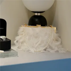 New European and American cross-border winter Turkey feather lady bag with ostrich feather pearl chain one-shoulder dinner bag