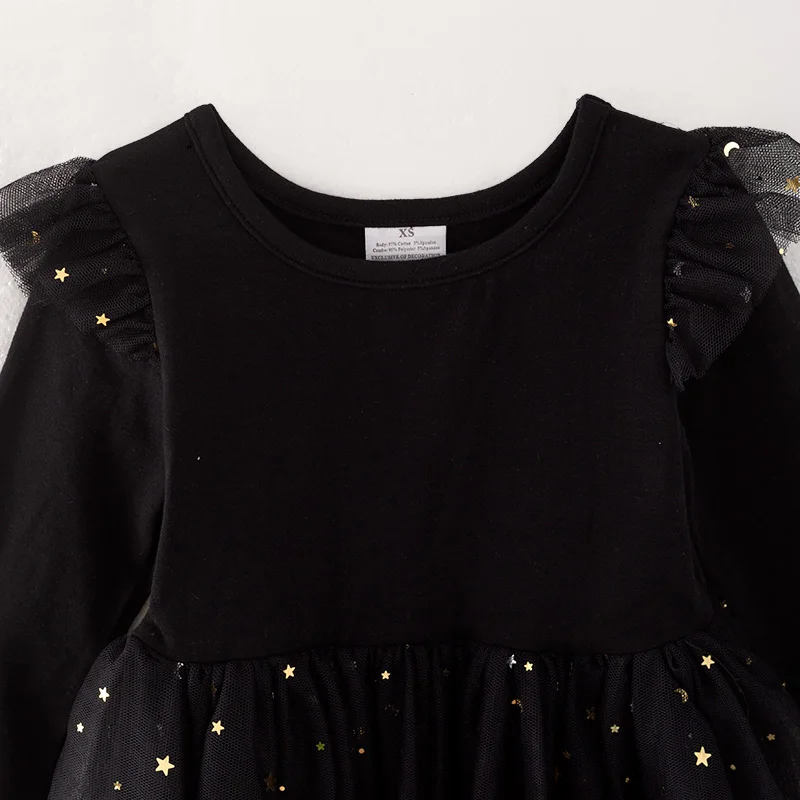 In Stock Ready to Ship Baby Kids Toddler Girls Fall Winter Black Cotton Bronzing Star Tulle Tutu Gauzy Dress