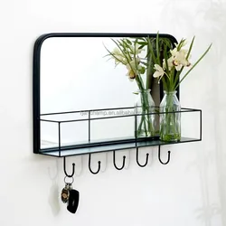black long small metal black vanity wall mirror with shelf and hanger