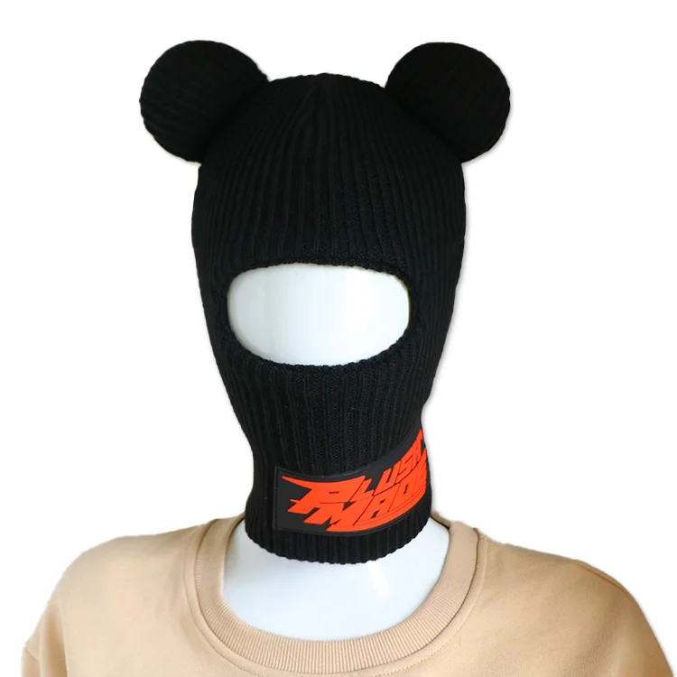 unisex winter leather patch black one hole custom knit cute bear ear ski mask