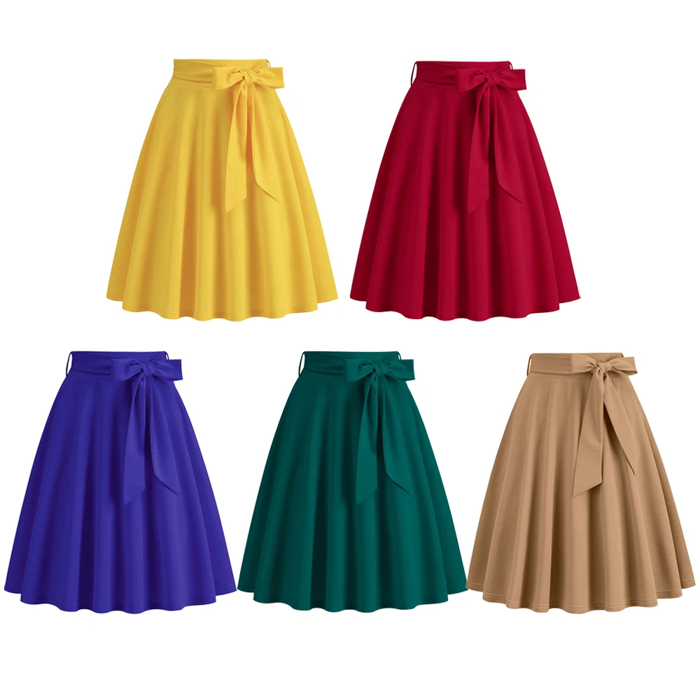 2023 Women Summer Vintage Pinup Mini Skirt With Bow Blue Green 50s 60s Rockabilly Skirt Casual Retro Swing Pleated Skirts VD3995
