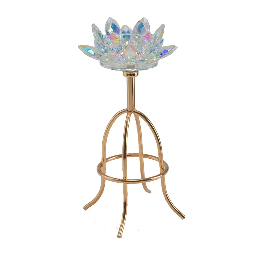 New Design Candle Holder  Decorative Crystal Lotus Flower Glass Candle Holder With Metal Base