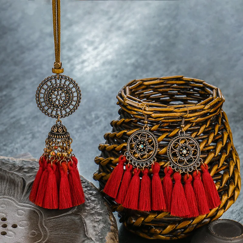 European and American accessories set Bohemian retro bell pendant tassel Earring Necklace Set