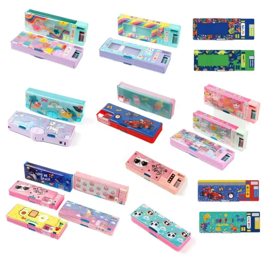 INTERWELL Sturdy PS/PVC School Pencil Case for Kids with Built-in Calculator and Pencil Sharpener Sparkling Glitter Design