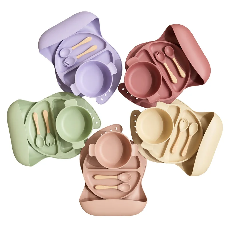 Food Grade Toddler Tableware Kids Dining Children Suction Bowl Plate Silicone weaning Baby Feeding Set