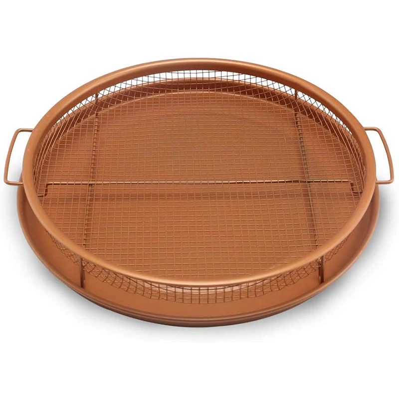 2 Pcs Round Copper Crisper Tray Basket, Air Fryer Crisping Basket, Chip Fryer Basket And Cookie Baking Tray