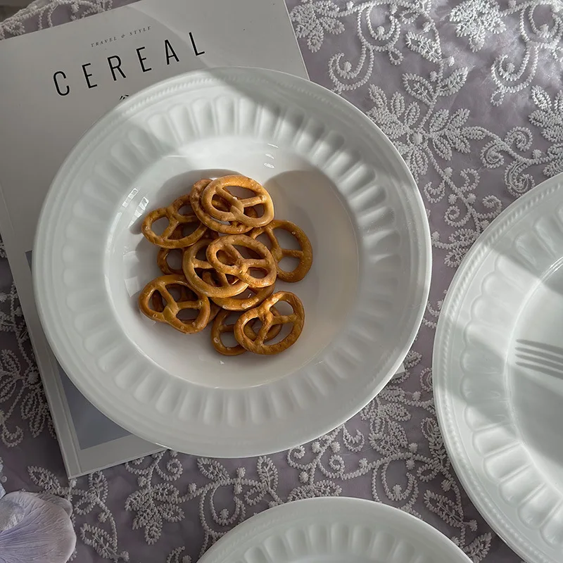 Elegant roman series white dinner plates embossed design ceramic plate set for event