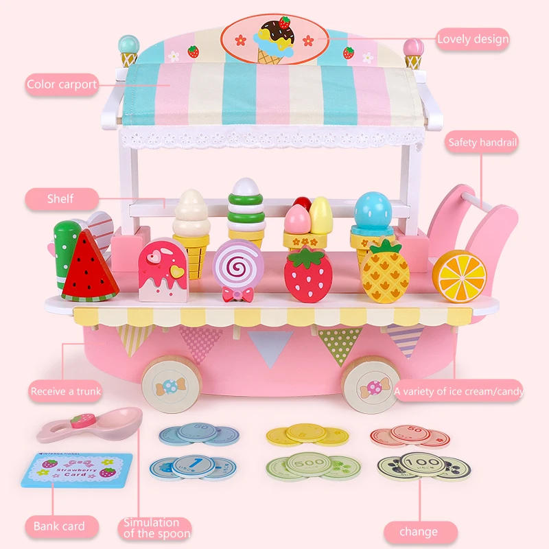 Child Most Popular Toys Simulation Ice Cream Truck toys Girl Shopping Cart  Wooden Toy For Girls