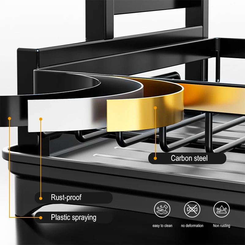 2 Layer Detachable Multifunctional Black Kitchen Shelf Plate Dish Drying Drainer Rack Utensil Storage Holder for Home