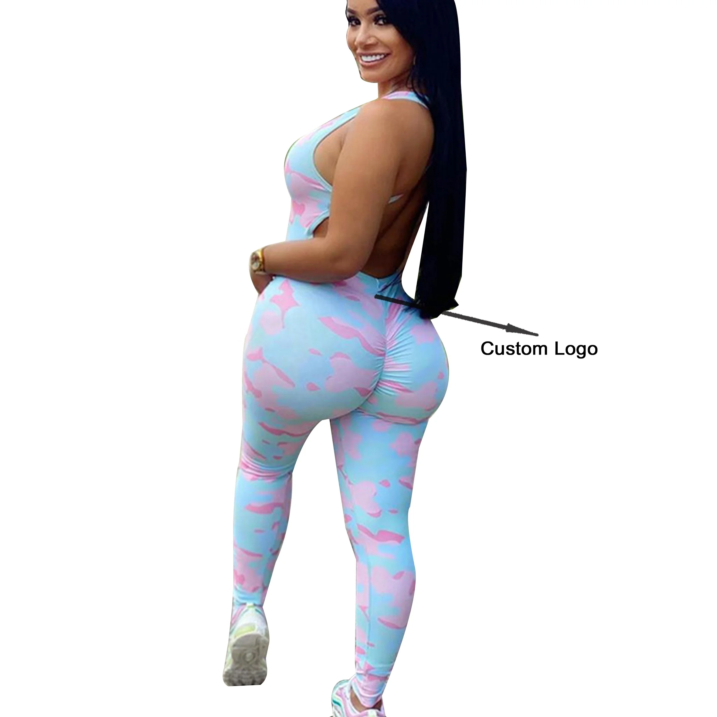 Custom Logo Yoga Gym  Scrunch Butt Jumpsuits Camo One Piece Bodycon Jumpsuit Women