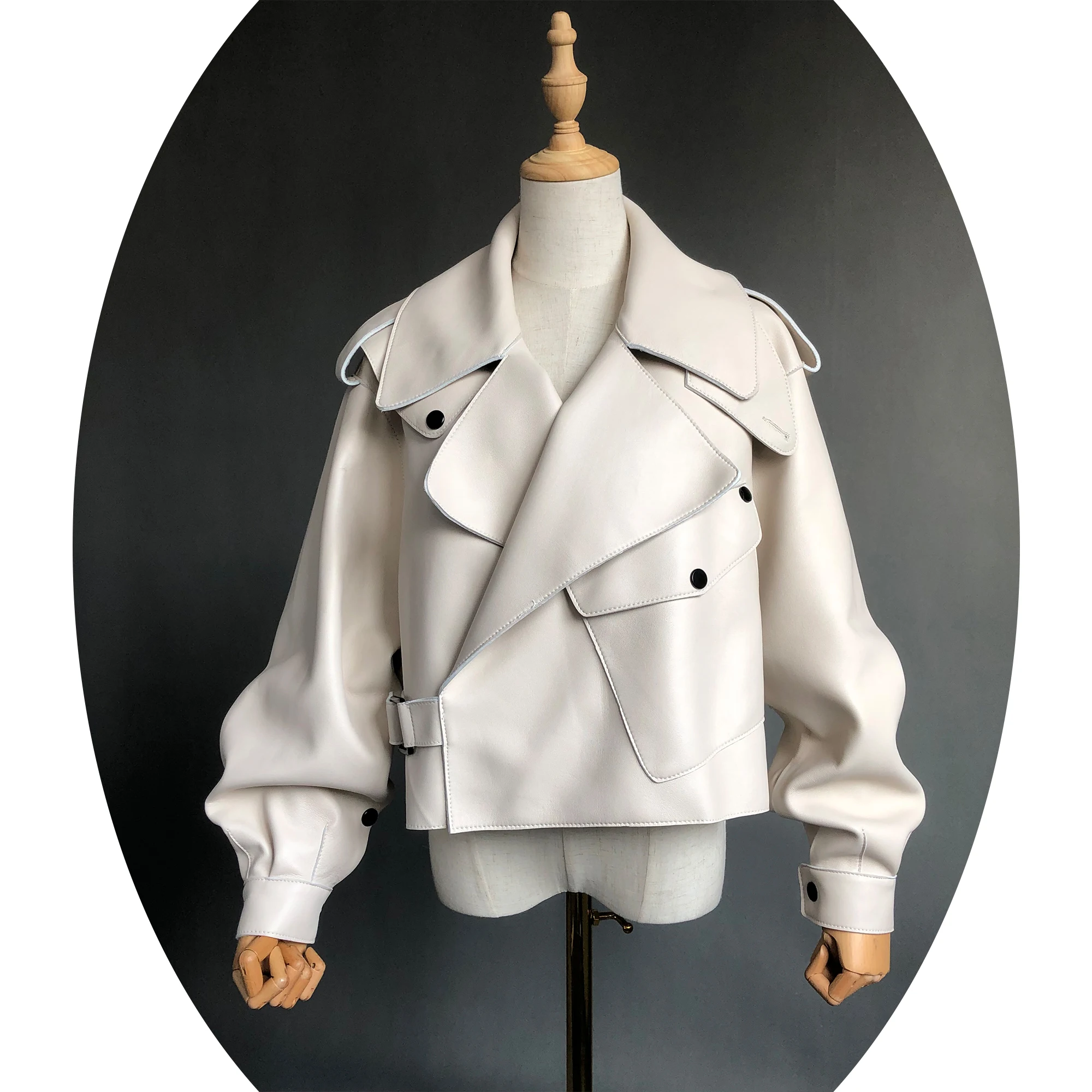 Janefur Custom Genuine Sheepskin Leather Coat Spring Autumn White Cropped Big Pocket Women Leather Jacket