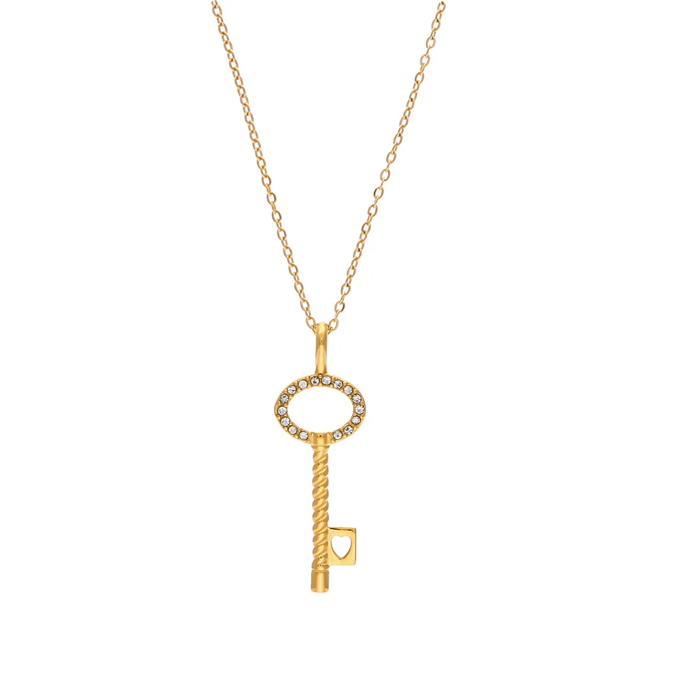 Ins Korean Gold Plated Stainless Steel Key Pendant Necklace Titanium Steel CZ Cubic Zirconia Key Necklace For Party