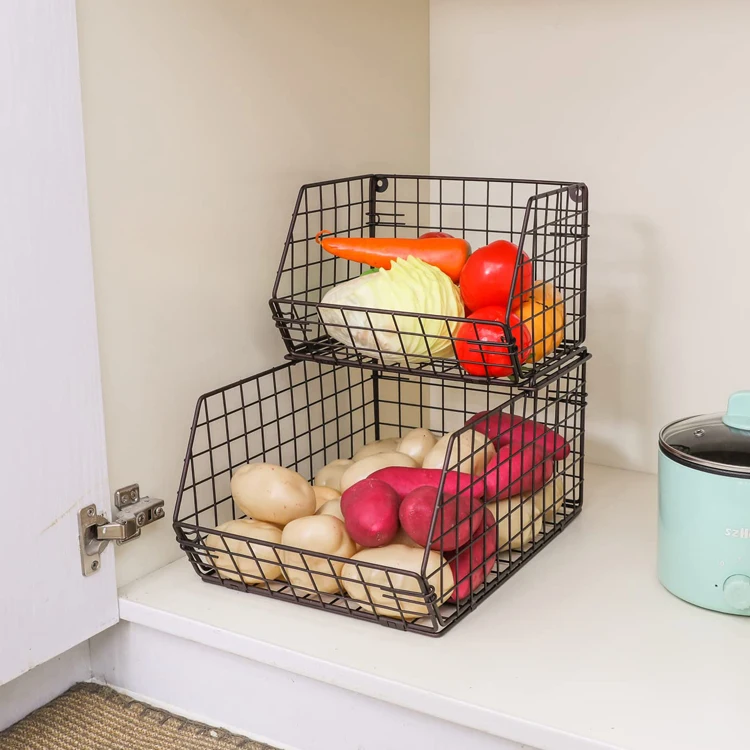 Kitchen Countertop 2 Tier Fruit Basket Fruit Veggies Snack Rack Metal Fruit Storage Basket