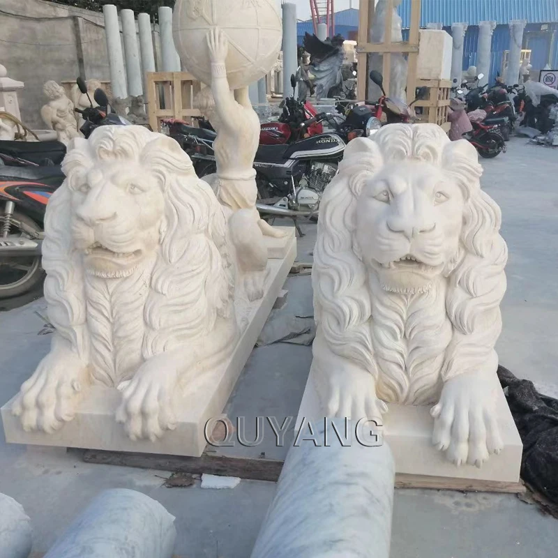 QUYANG Life Size Hand Carved White Marble Animal Sculpture Stone Carving Resting Lion Statue