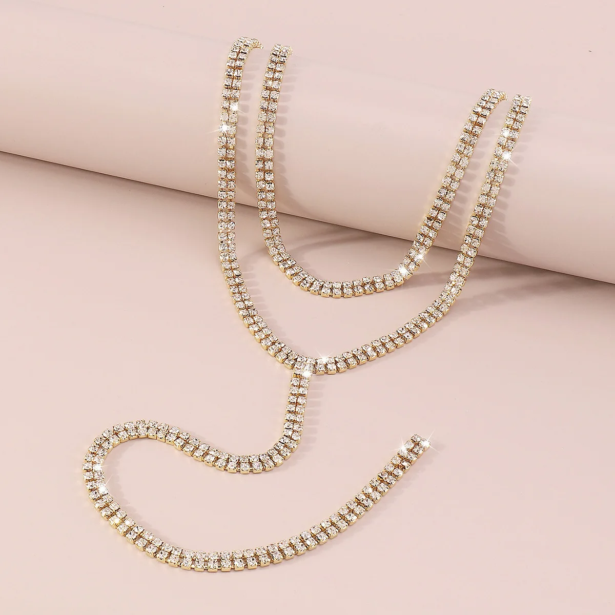 Night Party Women Double Layered Long Diamond Rhinestones Lariat Choker Collar Chain Necklace Jewelry