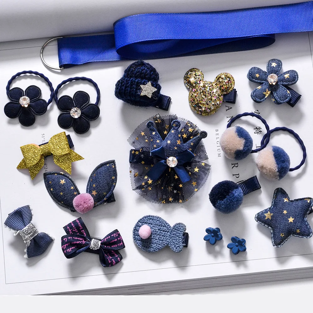 Children hair accessories 18 pieces sets fabric hair clips  bowknot hair rubber bands animal charm cute jewelry for kids