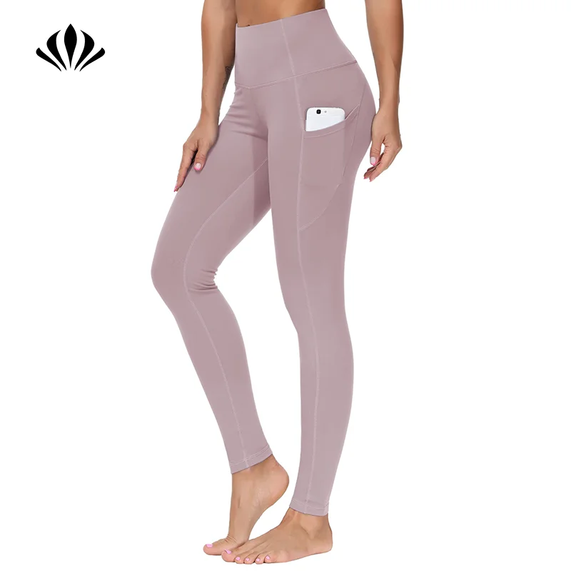 Customized Solid Long Wide Waistband Skin Tight Sports With Pockets Yoga Wear Pants Leggings