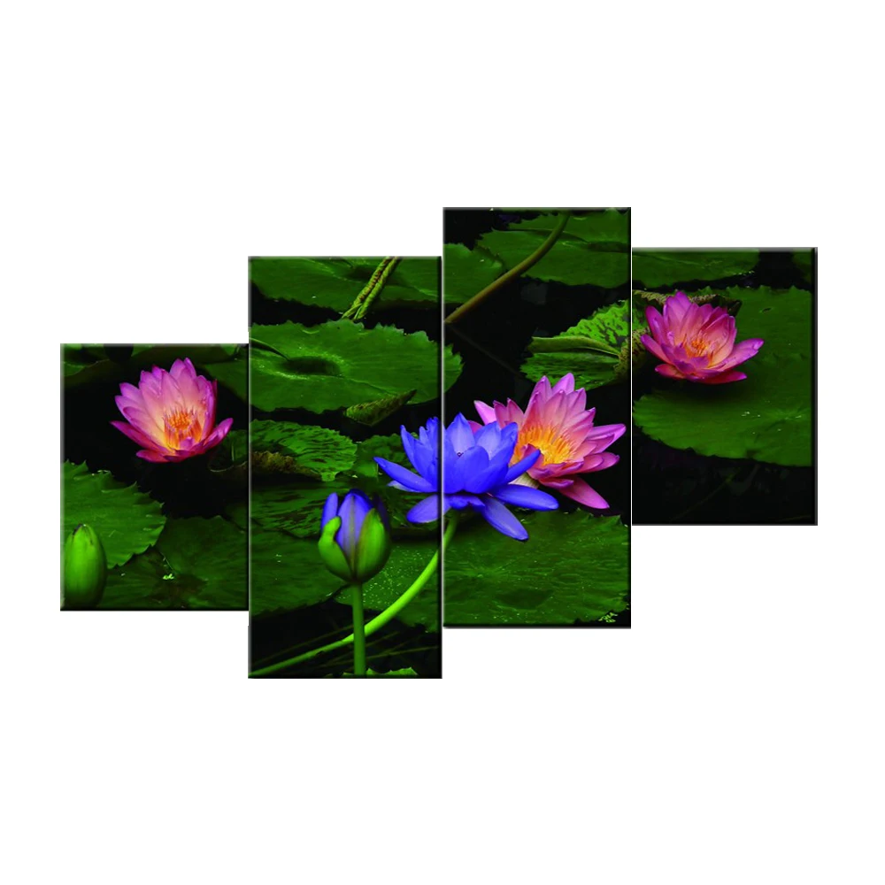Four panels Stretched Canvas Prints Scenery Picture Lotus Flower printing on Canvas oil painting