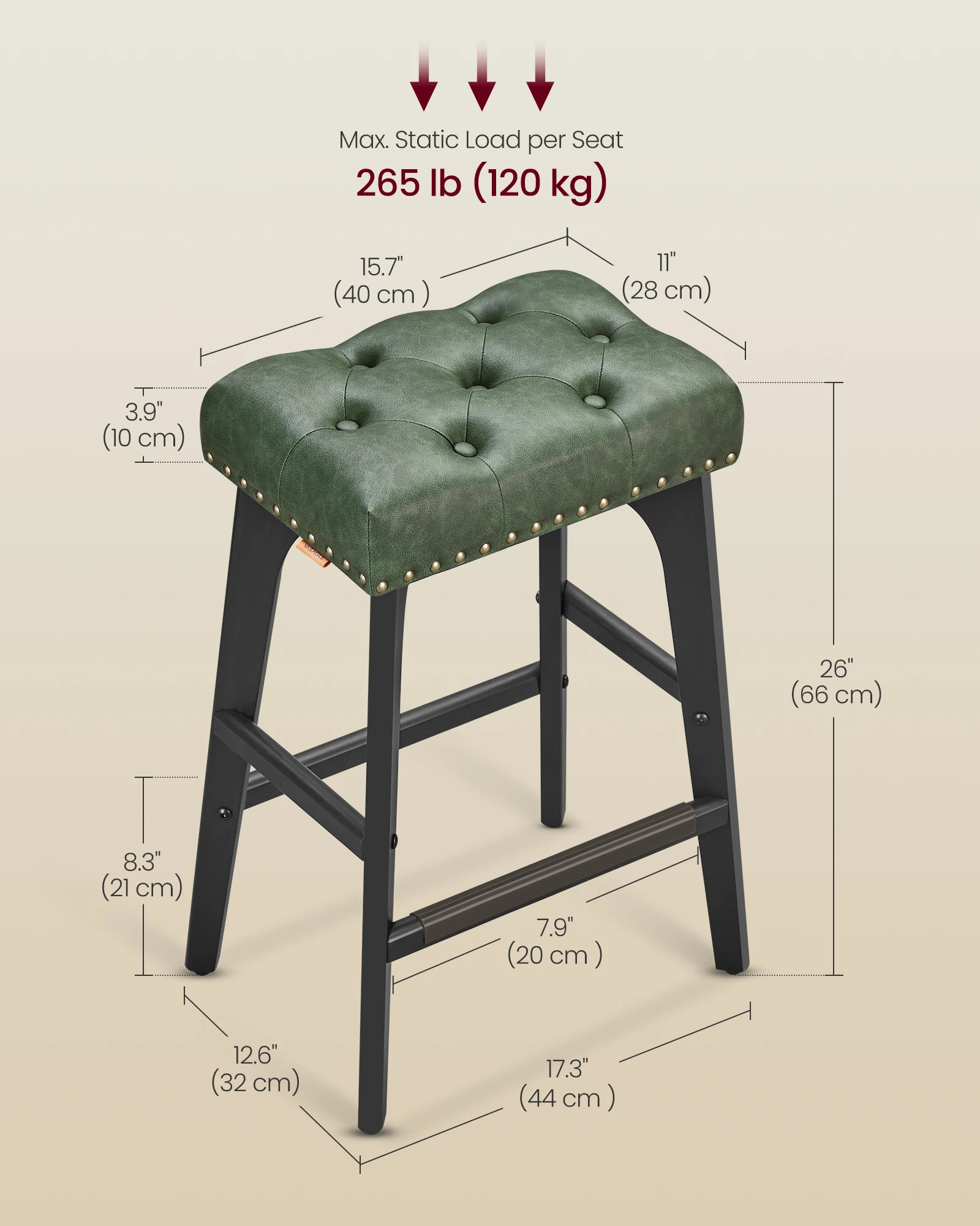 VASAGLE Counter Bar Stools Set of 2 Modern Backless Leather Bar Stools Solid Wood Legs Saddle stools