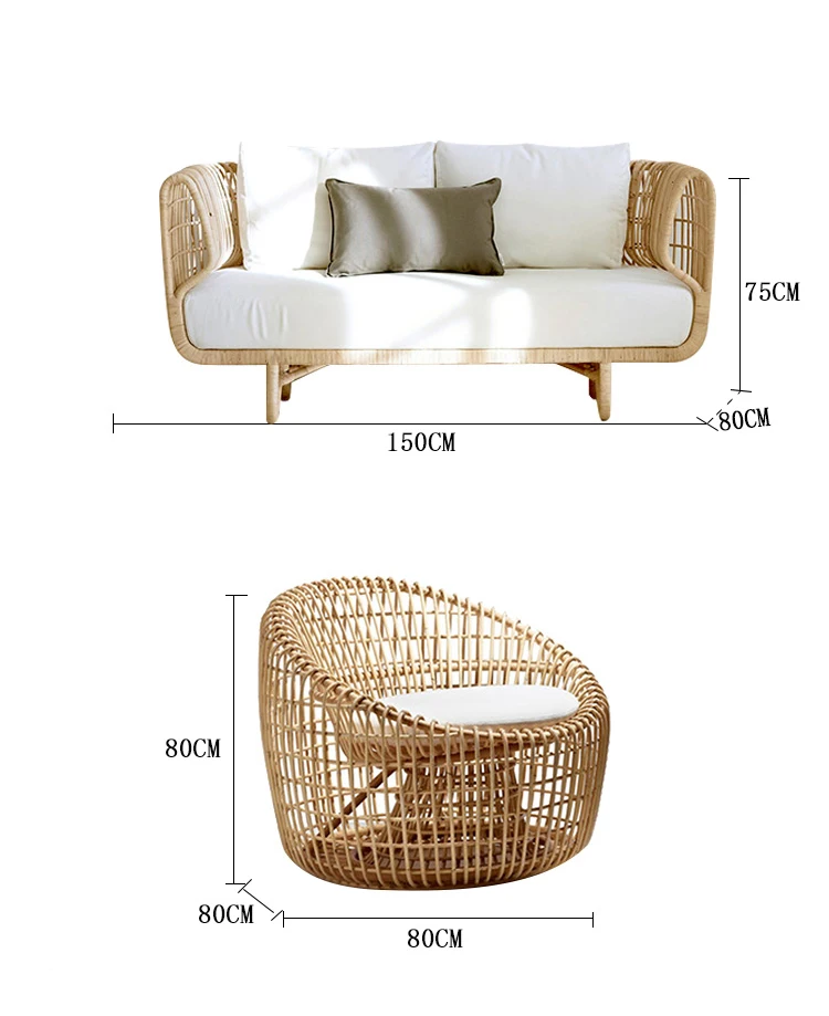 Hand-Woven Rattan Sofa Outdoor Chair Garden Luxury Style Villa Hotel Courtyard Balcony Small Table Outdoor Coffee Table Set