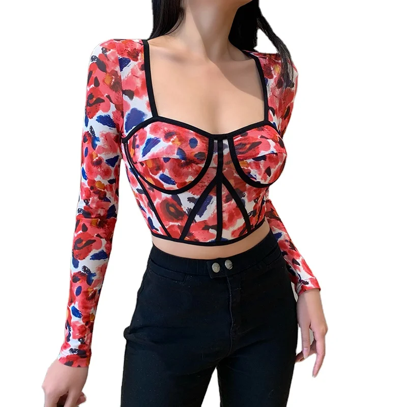 Новейший цветочный укороченный топ, Винтажная футболка с квадратным вырезом и принтом, женский модный Приталенный топ с длинным рукавом