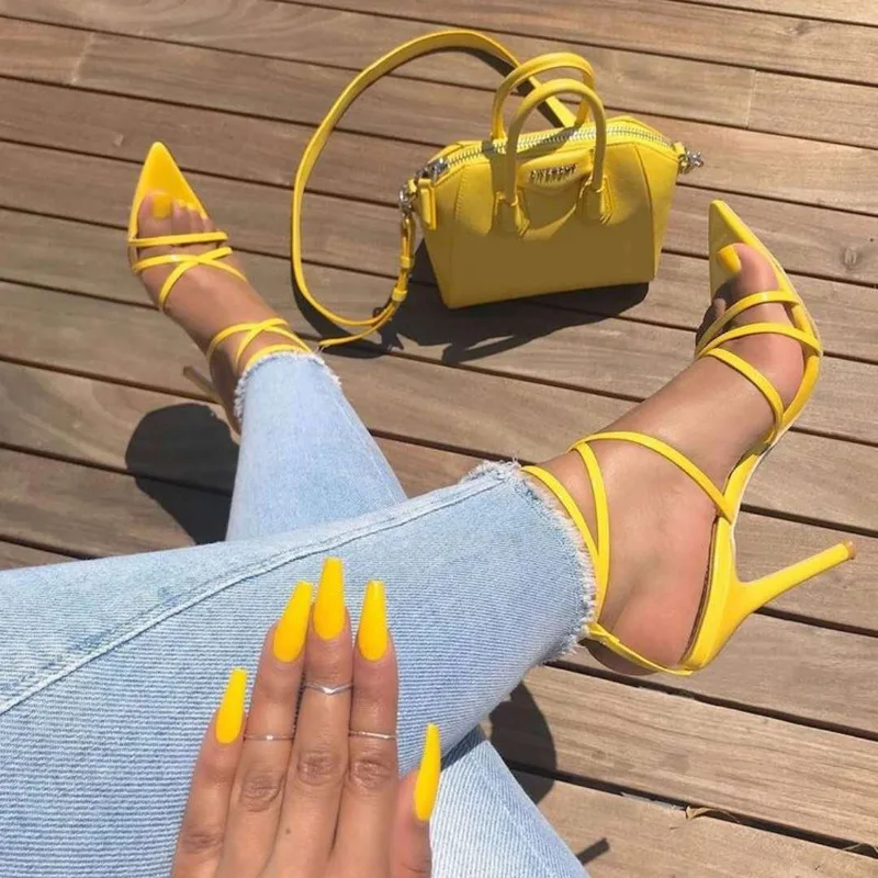 Sexy Party Pointed Fish Mouth Cross stiletto shoes Yellow High Heel sandals ladies genuine leather heel