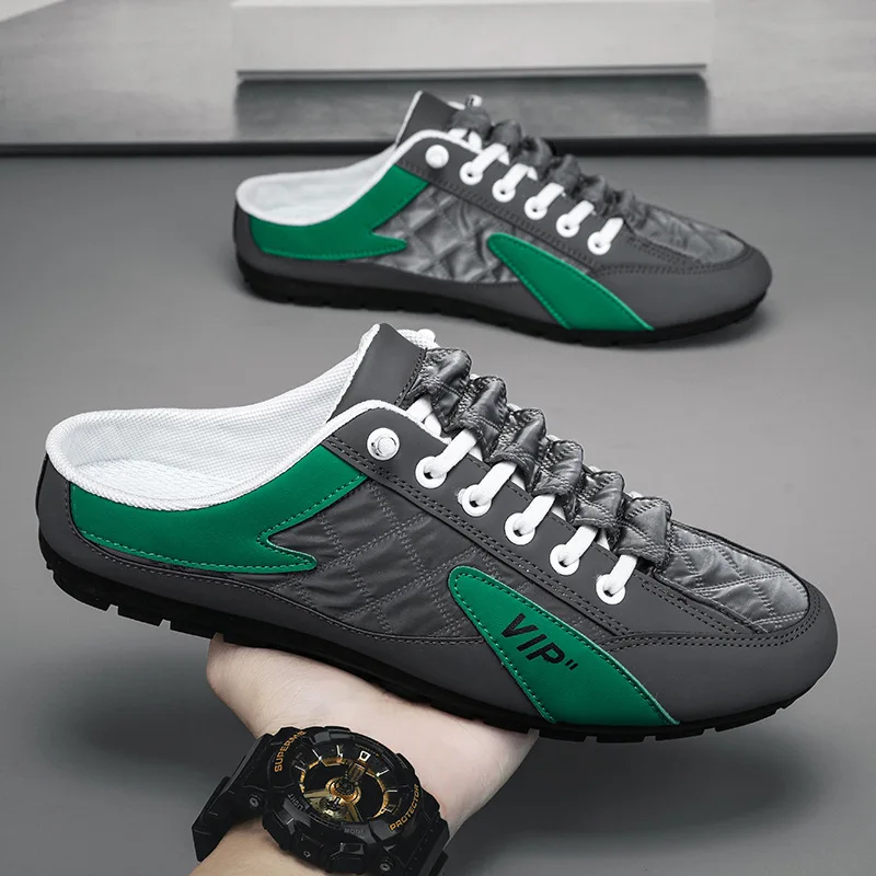 Mens Shoes 2024 Summer New Cloth Shoes Trendy Versatile Casual Lazy One Step Half Dragboard Leather Face Running Shoes Men
