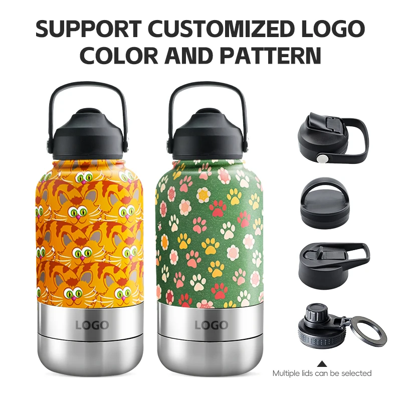 Custom logo 32 oz double wall stainless steel insulated 3 in 1 dog pet travel water bottle with bowl