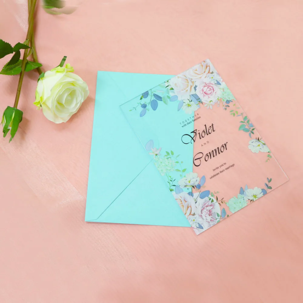 Transparent custom gold foil silkscreen flower acrylic wedding invitations card