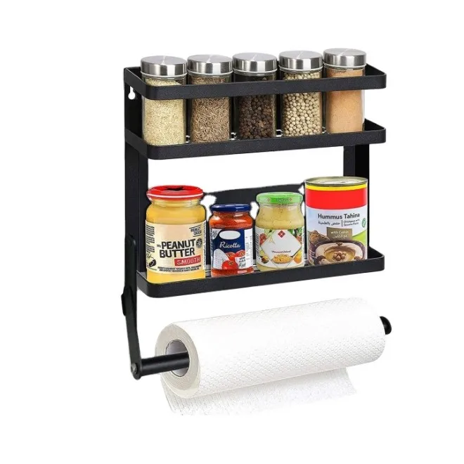 Hang a magnetic stainless steel storage shelf outside the refrigerator