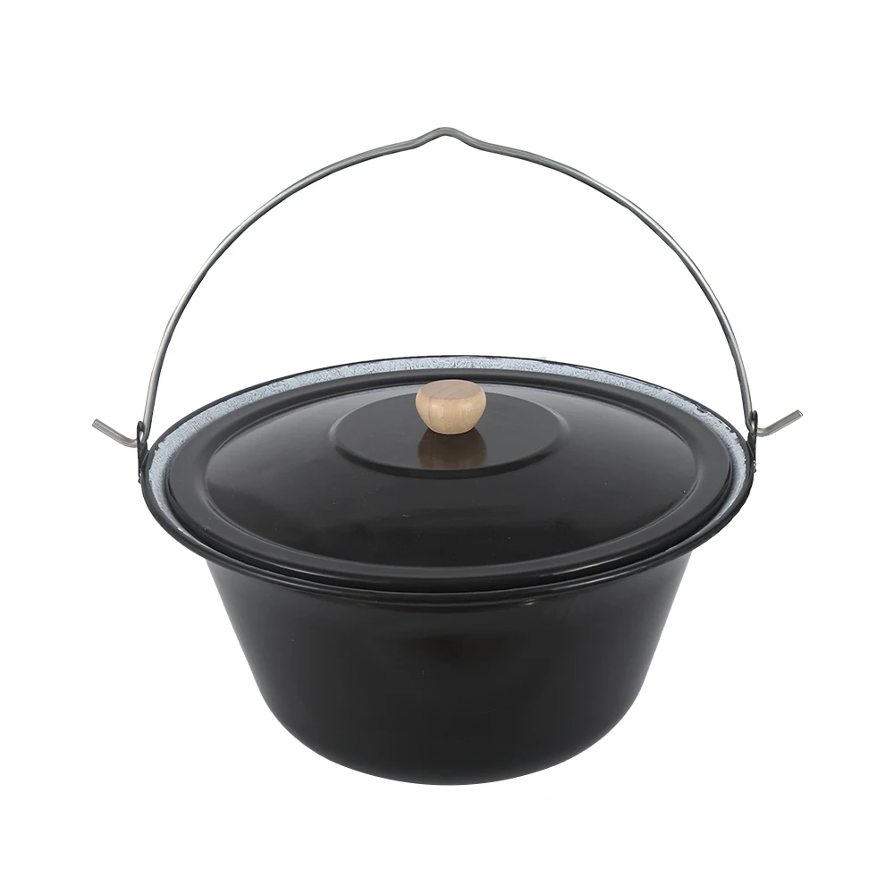 Big Capacity Hanging Pot Enamel Cookware with Lid for Outdoor Picnic Hiking BBQ