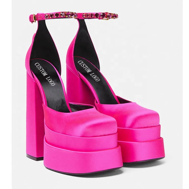 Custom logo satin high platform sandals square toe sheepskin lining rhinestone high heel shoes for women