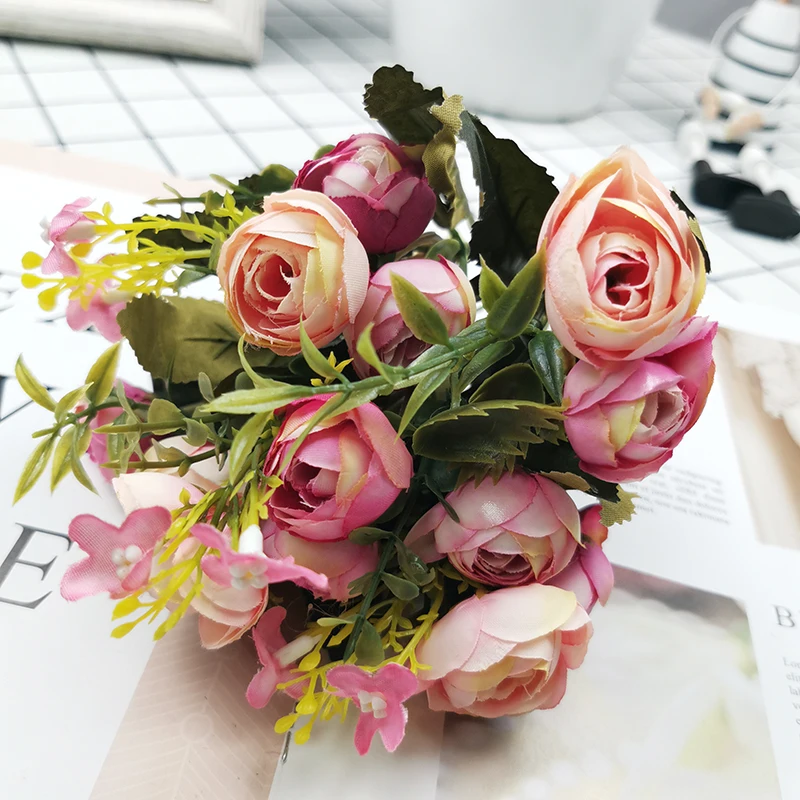 ArtificIal Bright Color Flowers Little Rose Home Decor New Artificial Silk Tea Rose Flower Bouquet