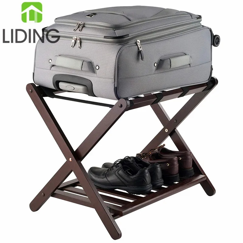 Foldable Luggage Rack with a Lower Shelf Hotel Room Bamboo Folding Luggage Storage Standing Rack
