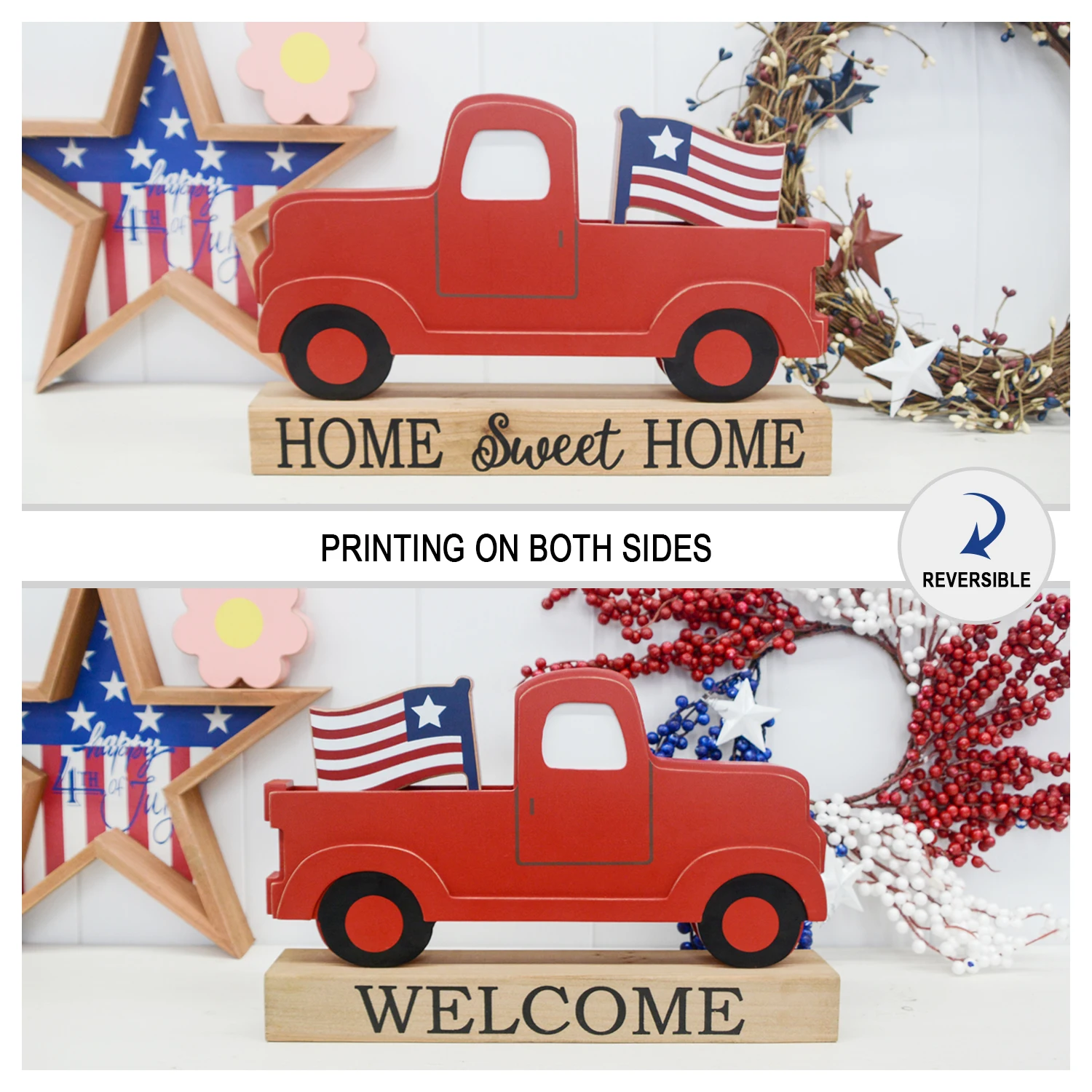 Home Decor International Day Decoration Wooden Red Truck Welcome Sign Tabletop with Interchangeable Icons