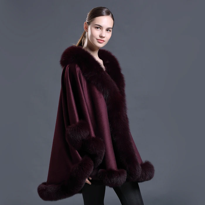 CX-B-P-67C 2019 Wholesale Cashmere Wool Poncho with Genuine Fox Fur Trim Women Fur Shawls Cape