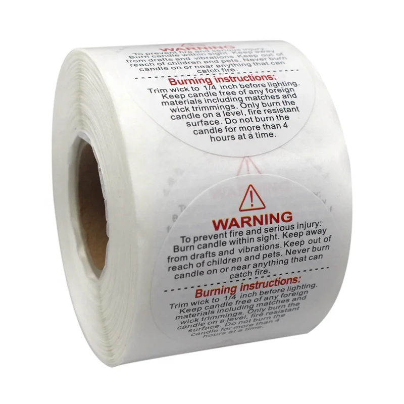 Self Adhesive Custom logo round candle burn fire Warning Label Waterproof stickers in Roll