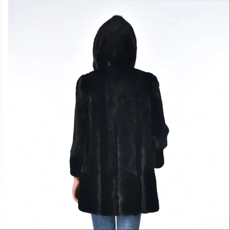 Premium Fashionable Elegant Puffy Plus Size Woman Genuine Long Mink Coat With Hood