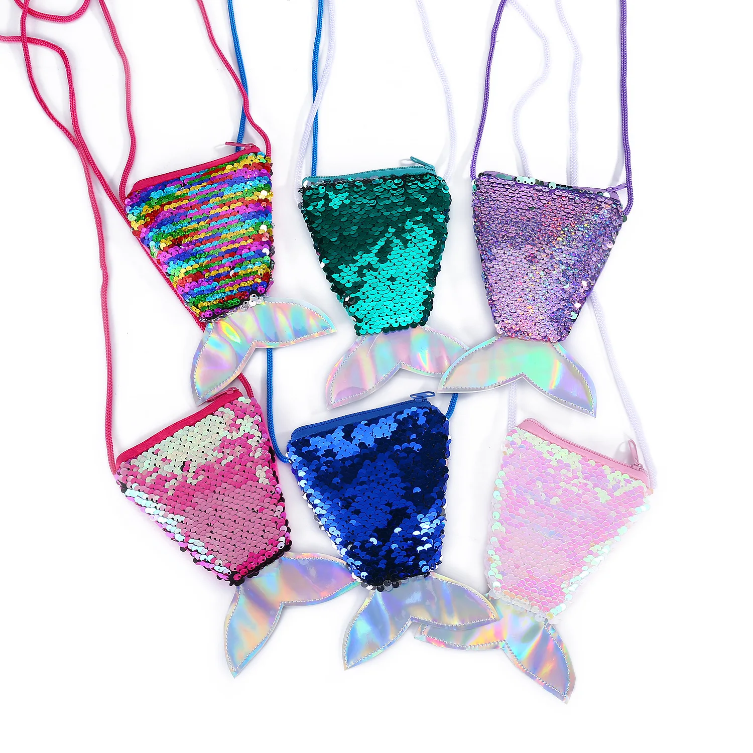 Factory Supply Fish Tail Sequin Hanging Rope Zero Wallet Kids Colorful Mermaid Plush Coin Purse Bag Mochilas De Pelucia