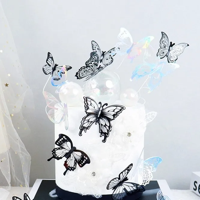 PVC Butterflies Gold / White / Black / Brilliant Color Wedding Birthday Cake Decorations 9PCS Plastic Butterfly