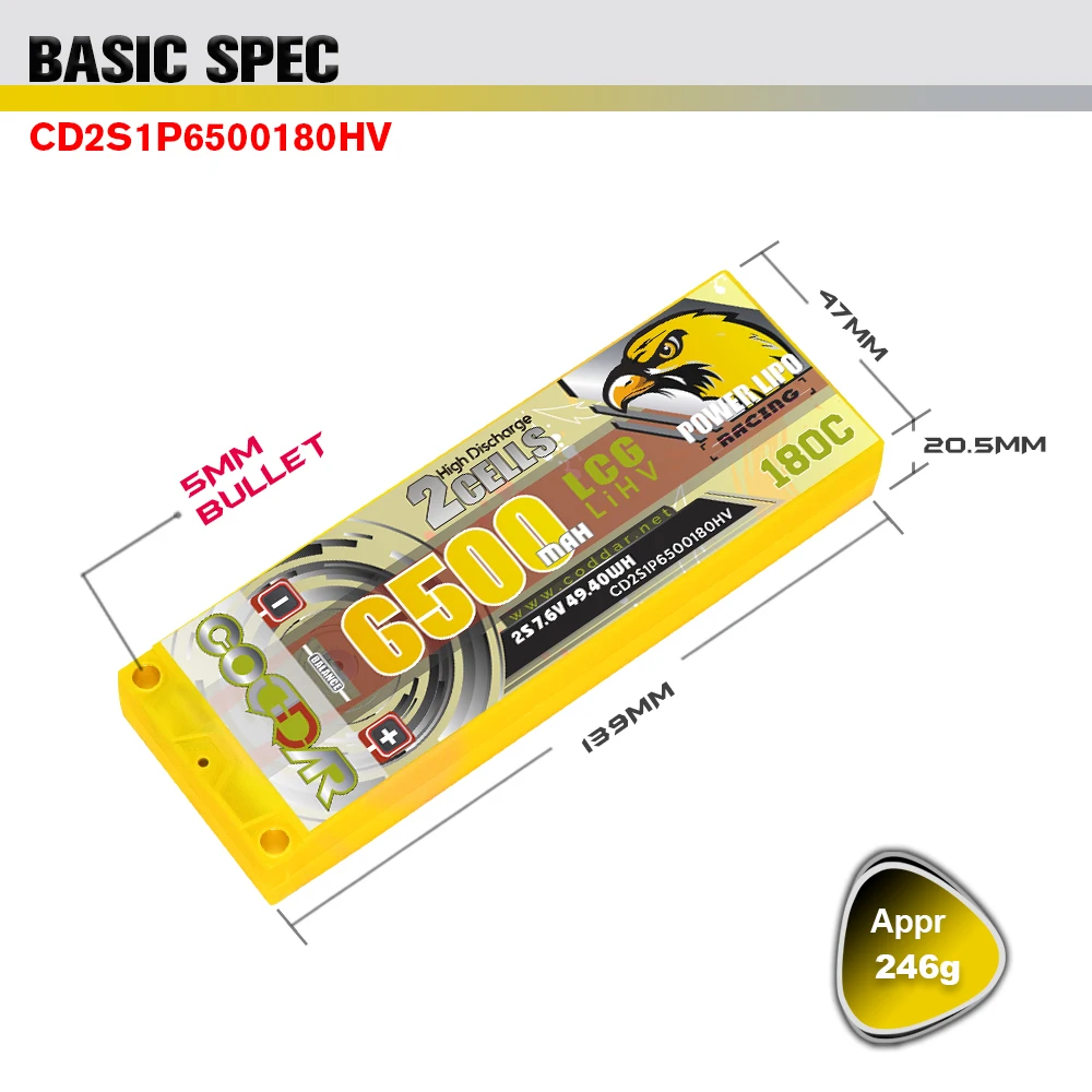 CODDAR 2S1P 6500MAH 7.6V 180C LiHV Hard Case 5mm Bullet Stick Pack 1/10 Scale RC Cars Boats LCG RC LiPo Battery