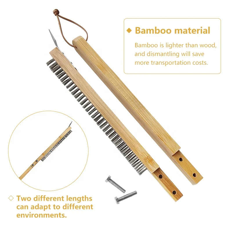 Detachable Bamboo Handle Grill Oven Cleaning Brush Pizza Board Pizza stone Cleaning Brush with Scraper