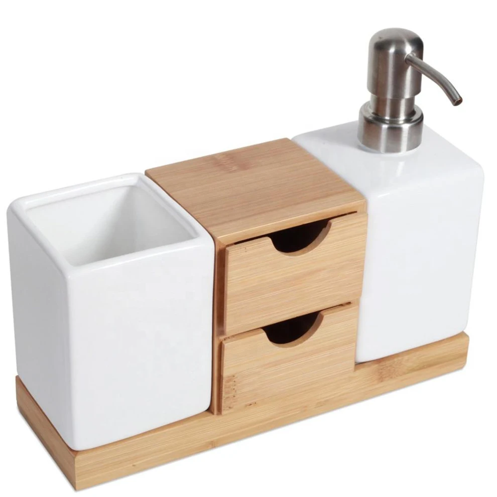 Бамбуковый и керамический набор аксессуаров для ванной комнаты, столешница для хранения и набор насосов для мыла оптом