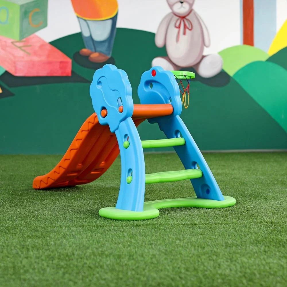 Simple Design Home Kindergarten Indoor Playground Plastic Fold Slide With Basketball Stand