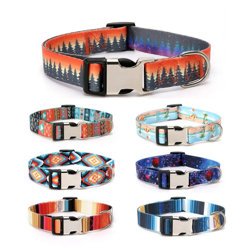 Pet Collar Ethnic Style Striped Forest Pattern Lettering Nylon Outdoor Walking Accessories Dog Accessories Supplies