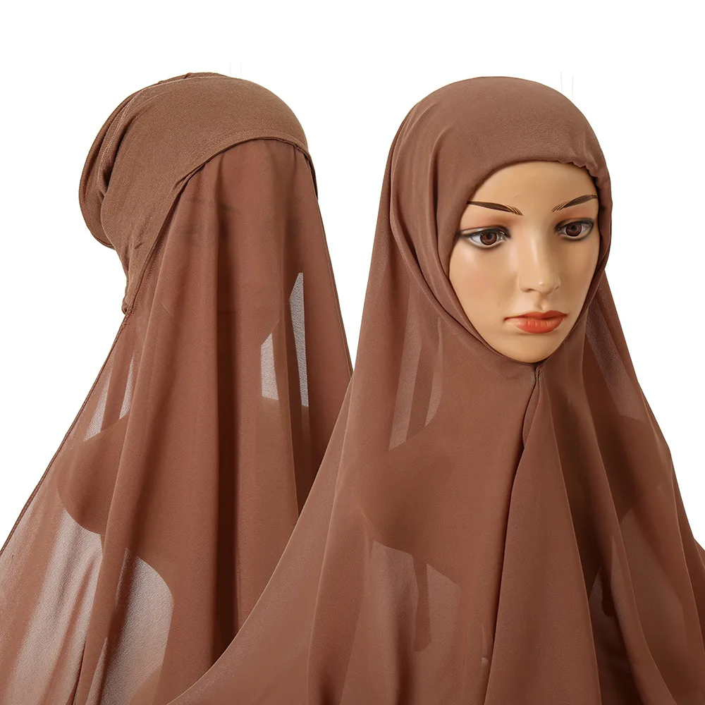 
2021 New Muslim Monochrome Pearl Chiffon Ladies Baotou Scarf Set Hot Sale Scarf One Long Scarf 