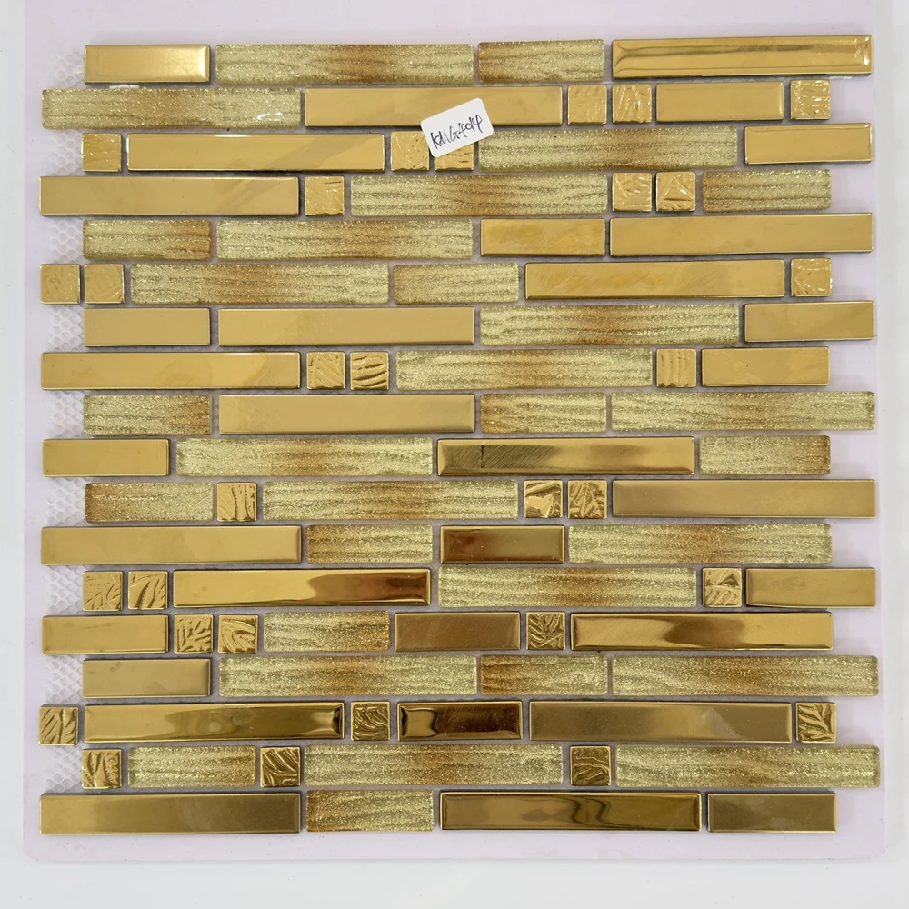 Modern Design Luxury Gold Color Decorative Strip Look Glass Mosaic Ceramic Wall Tile for Bathroom Wall