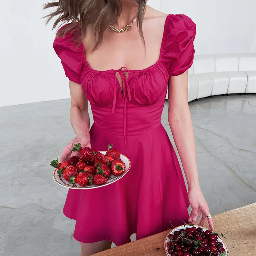 Mandy Summer Women Casual Short Dress Puff Sleeve Square Neck Fashion Dress Niche Designer American Clothes